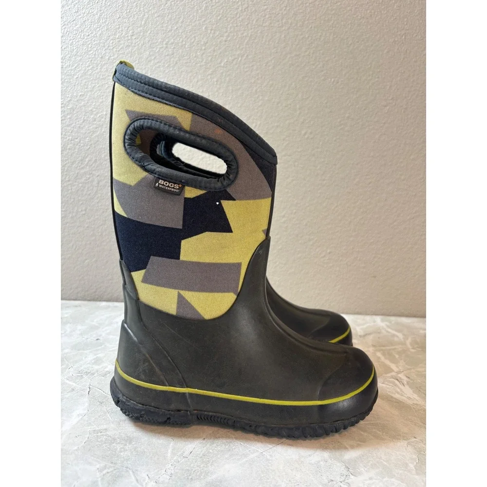 Bogs Kids Classic Geo Waterproof Insulated Rain Boots Grey Yellow 71996-469